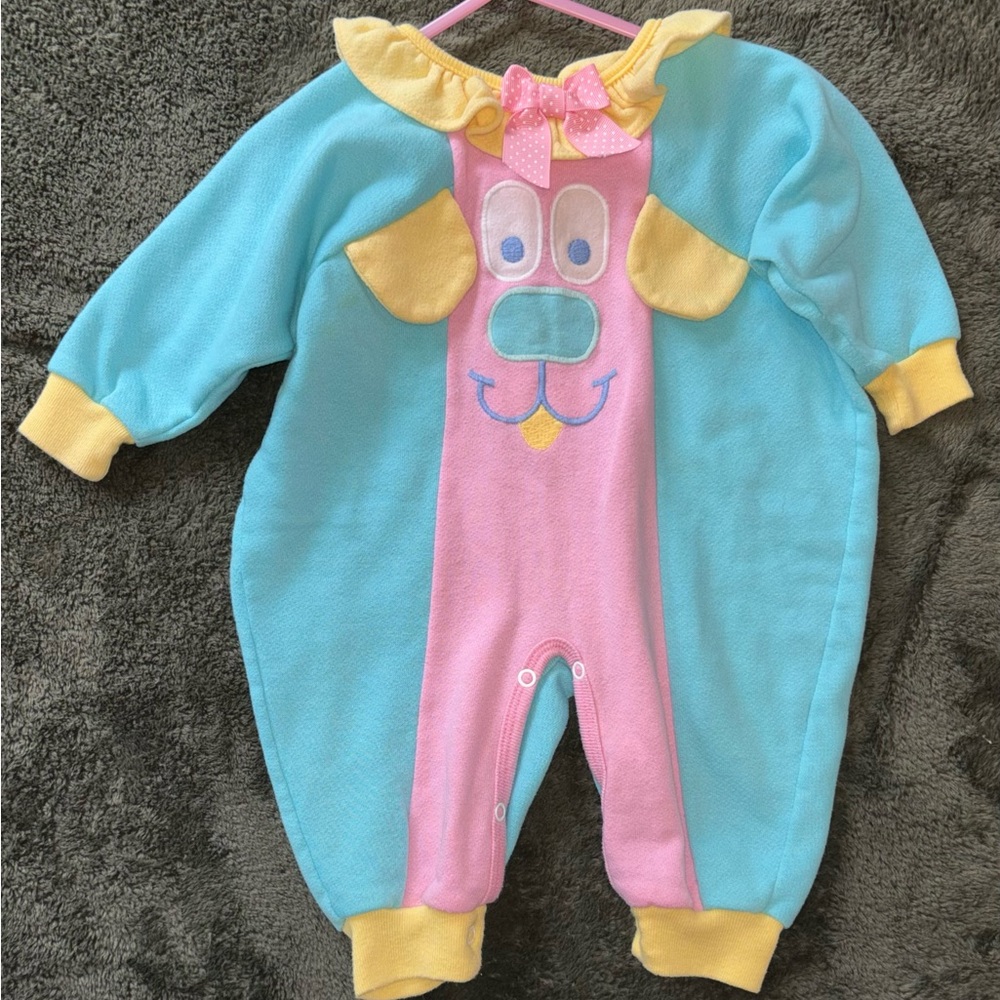 Vintage Buster Brown Pink and Blue Kids Footie with Yellow Accents